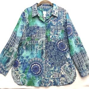 Chico's Sz 2 Large L Paisley Roll Tab Button Down Shirt Top Blouse Blue Green